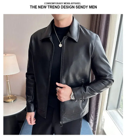 Men Bomber PU Leather Jacket – Slim Fit Casual Motorcycle Coat 2024