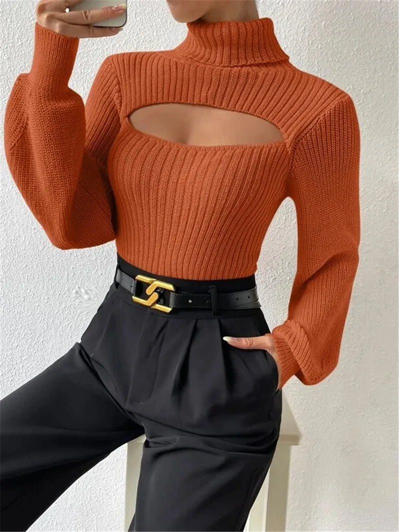 Sexy loose sweater with high neck and hollow design