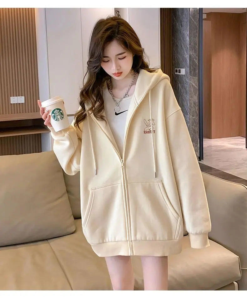 Women Embroidered Zip-Up Hoodie Casual Loose Streetwear Sweatshirt