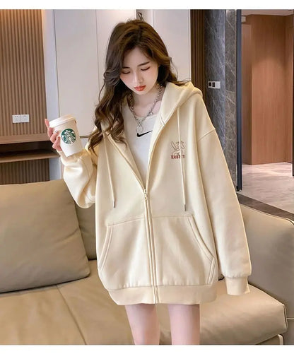 Women Embroidered Zip-Up Hoodie Casual Loose Streetwear Sweatshirt