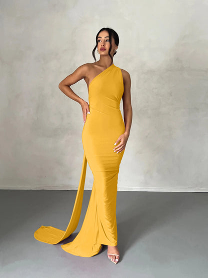 Hugcitar One Shoulder Backless Ruched Maxi Dress Women Y2K