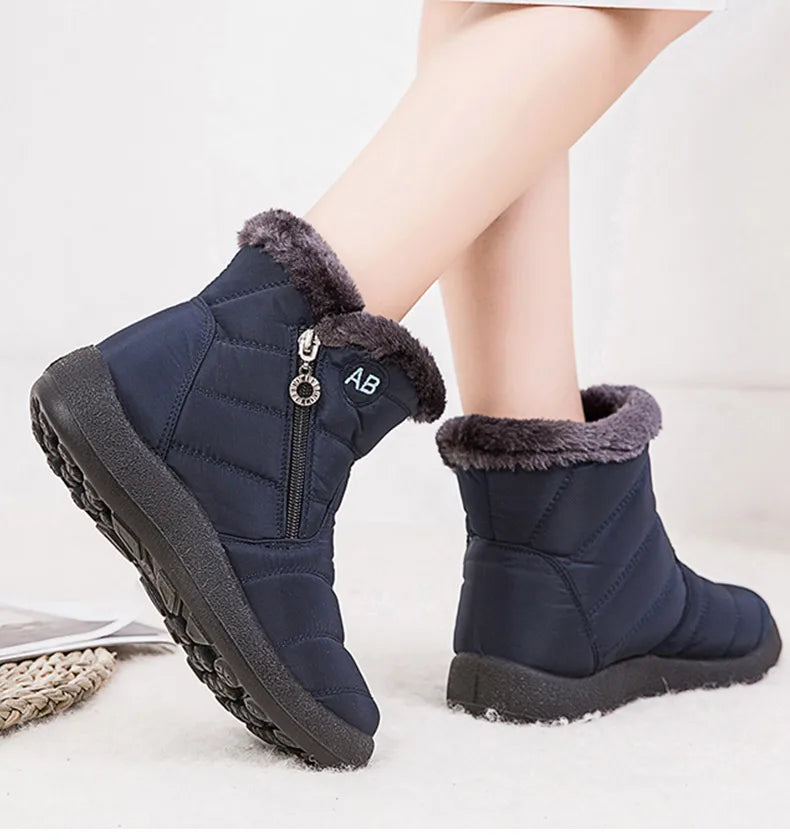 Stylish women's ankle boots with fur, low heels, waterproof winter shoes