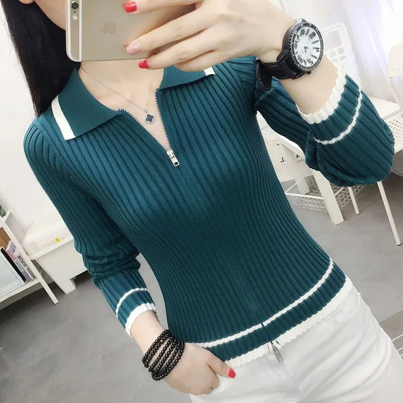 Autumn Spring Women Knitted Pullover Sweater Casual V-Neck Zipper Top