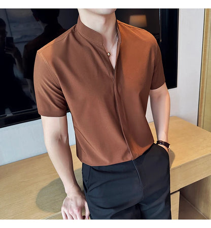 Men’s stand collar V-neck stretch shirt white fashion
