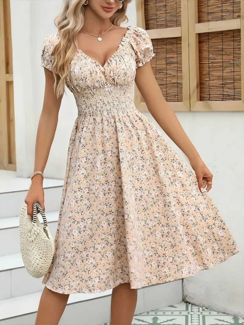 Women's Summer Floral Dress – Fluffy Cuffs & Pleated Waist