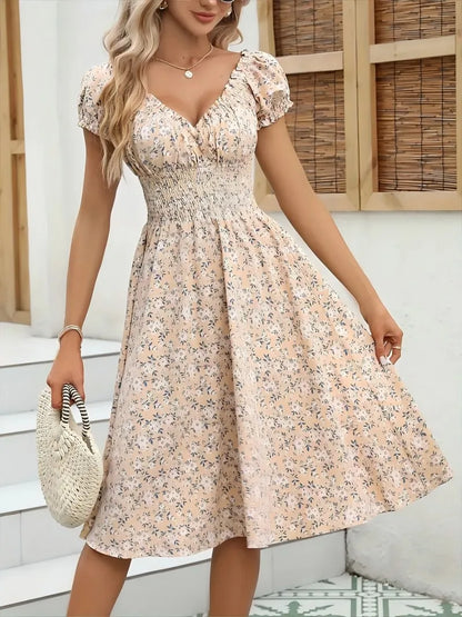 Women's Summer Floral Dress – Fluffy Cuffs & Pleated Waist