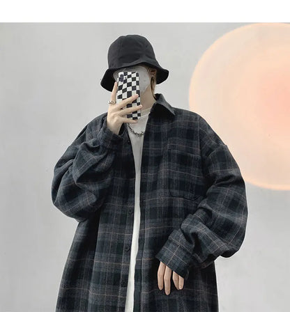 Vintage Korean Flannel Shirt Y2K Plaid Streetwear Winter