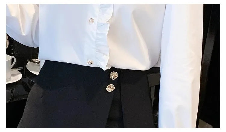 Elegant French style white women’s shirt, long sleeve top