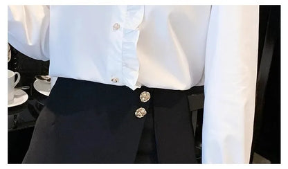 Elegant French style white women’s shirt, long sleeve top