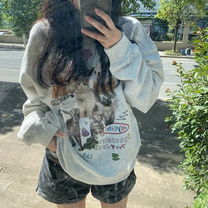Milk Cat Graphic Sweatshirt for Women – Autumn Winter Streetwear