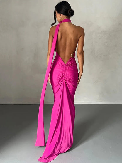 Hugcitar One Shoulder Backless Ruched Maxi Dress Women Y2K