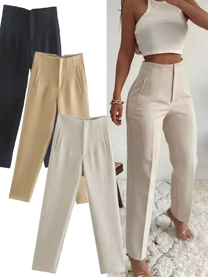 TRAFZA Women High Waist Slim Pants Office & Street Style 2024