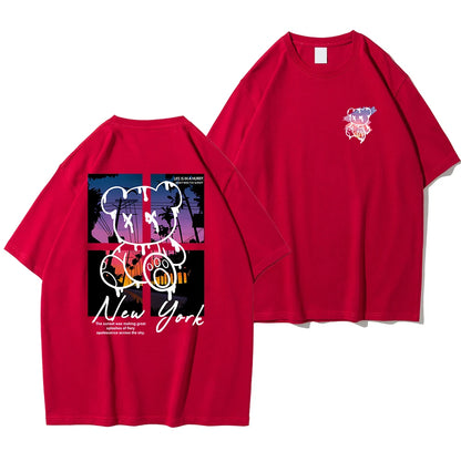 New York Art Cartoon Bear Sunset Cotton T-Shirt