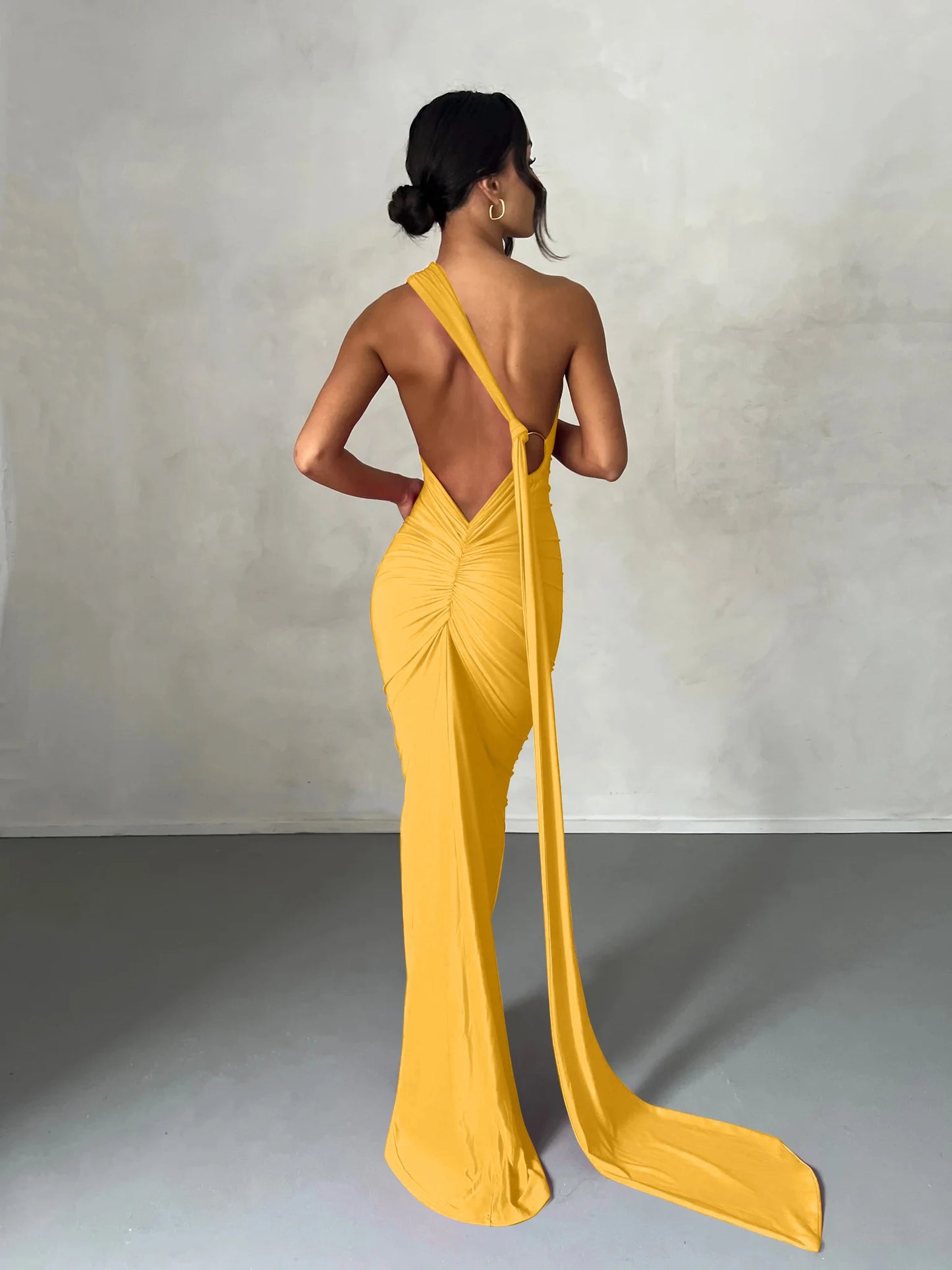 Hugcitar One Shoulder Backless Ruched Maxi Dress Women Y2K