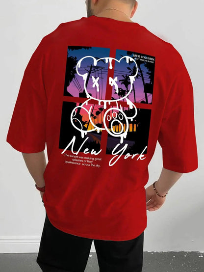 New York Art Cartoon Bear Sunset Cotton T-Shirt