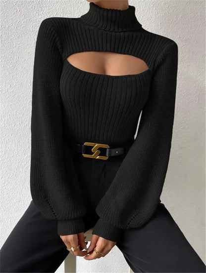 Sexy loose sweater with high neck and hollow design