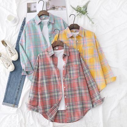 Women's plaid flannel shirt, loose fit, spring casual style