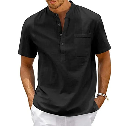 Men's Cotton Linen Henley Pocket Tee Casual Summer Shirt