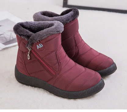 Stylish women's ankle boots with fur, low heels, waterproof winter shoes