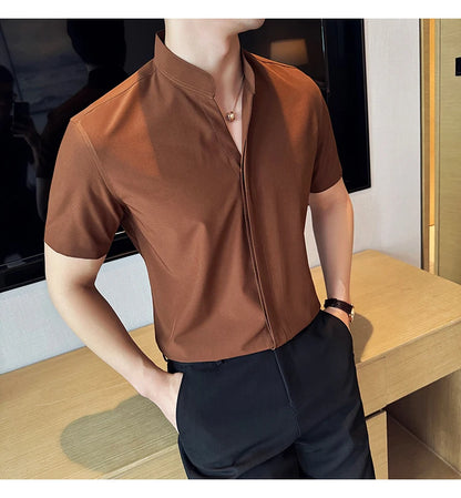 Men’s stand collar V-neck stretch shirt white fashion