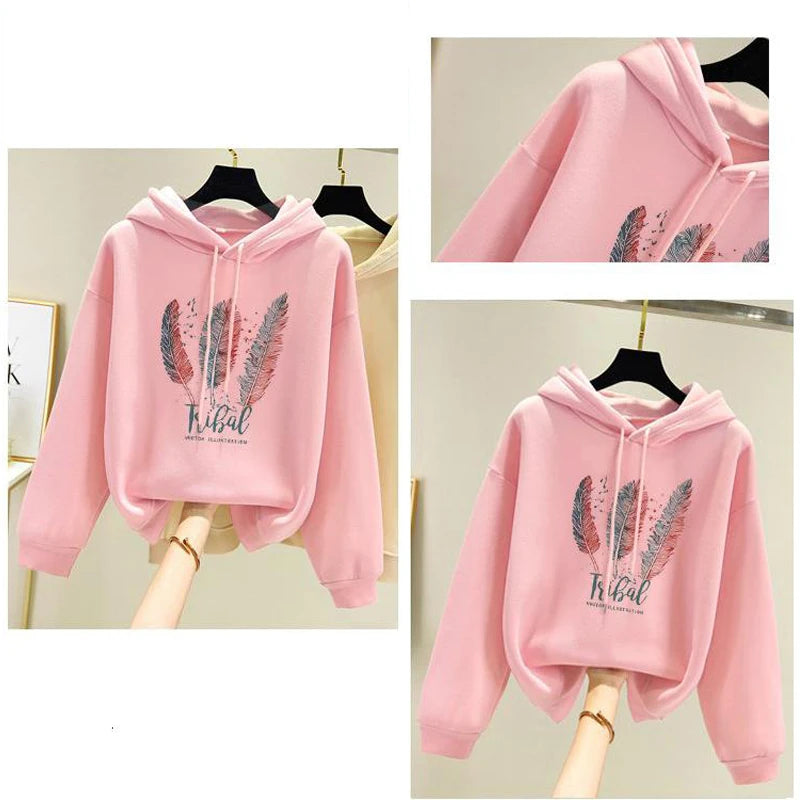 Women’s Feather Print Hoodie - Autumn Winter Casual