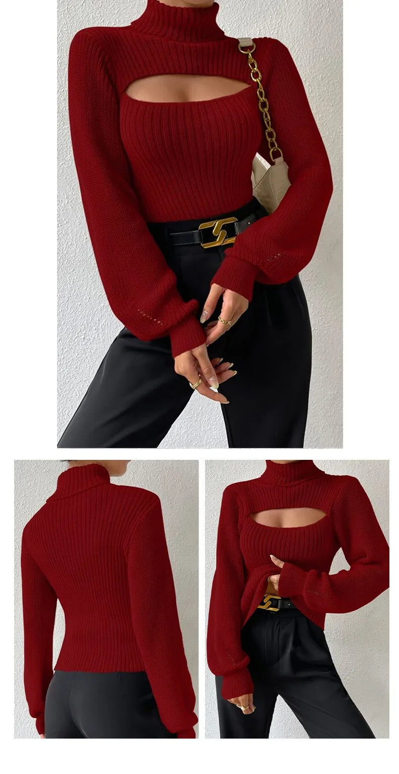 Sexy loose sweater with high neck and hollow design