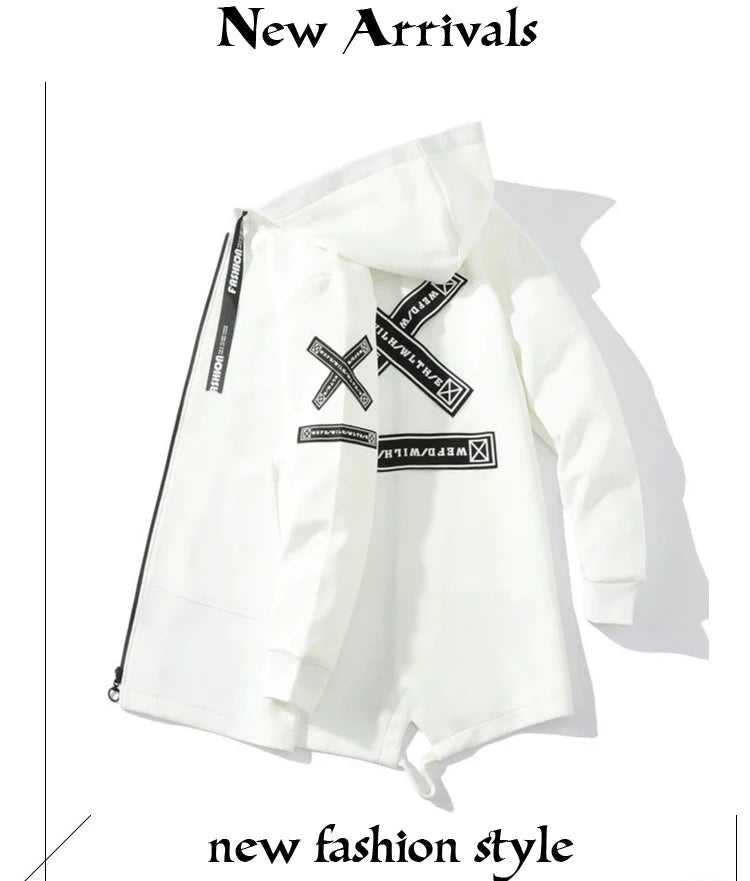 Men 5XL Hooded Long Jacket, Black & White, Hip Hop Streetwear