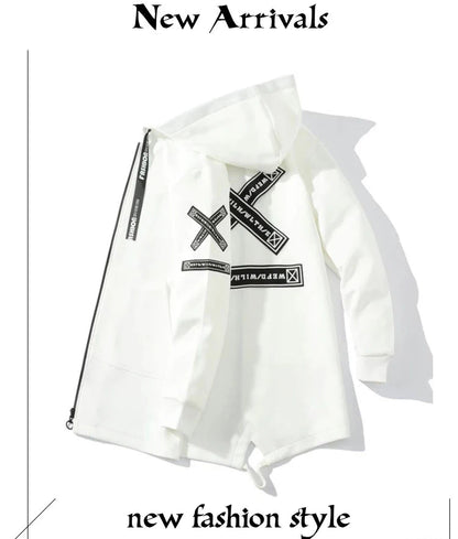 Men 5XL Hooded Long Jacket, Black & White, Hip Hop Streetwear