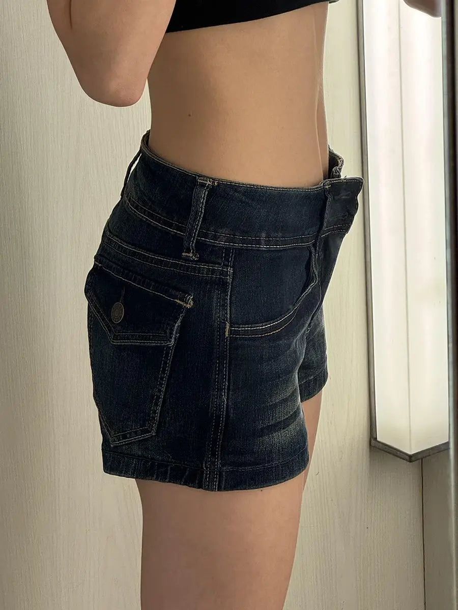 Women's Blue Distressed Denim Shorts – Low Rise Skinny