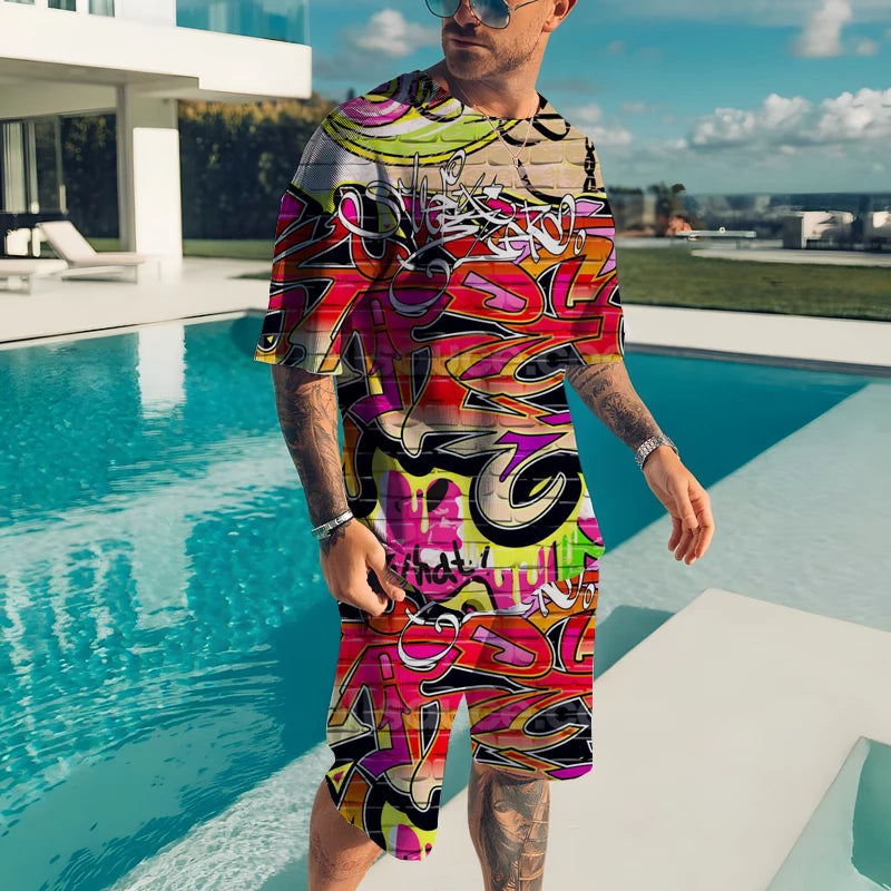 Men’s 2-Piece Summer Casual Set – 3D Print T-Shirt & Shorts