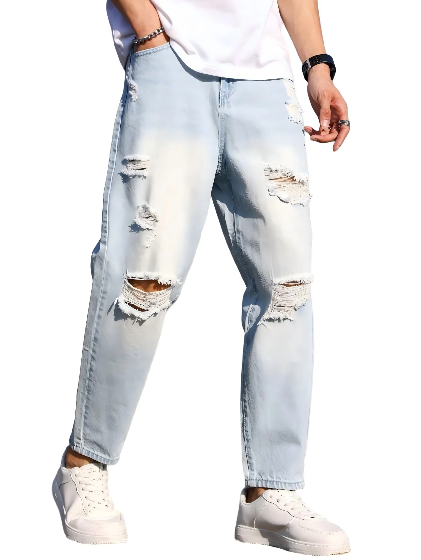 Men's Ripped Blue Loose Cropped Jeans – Autumn Harem Pants