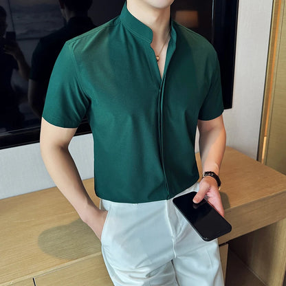 Men’s stand collar V-neck stretch shirt white fashion