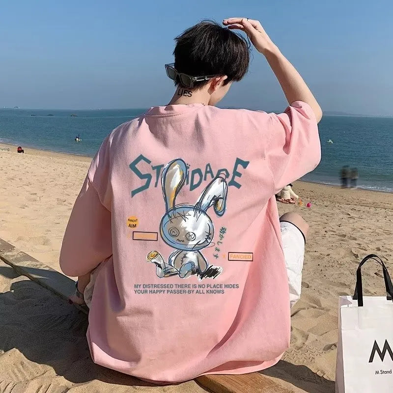 Men Oversize Rabbit Print Short Sleeve T-Shirt – Korean Trend