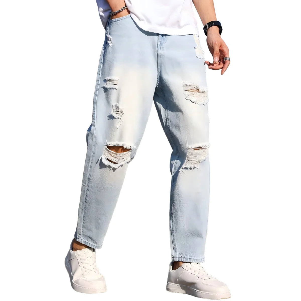 Men's Ripped Blue Loose Cropped Jeans – Autumn Harem Pants