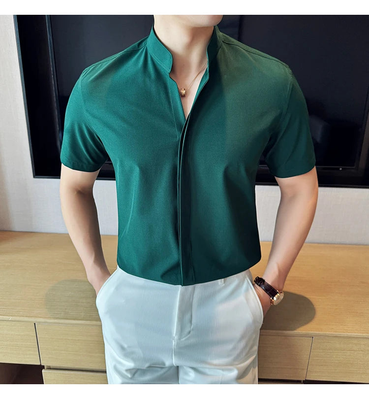 Men’s stand collar V-neck stretch shirt white fashion