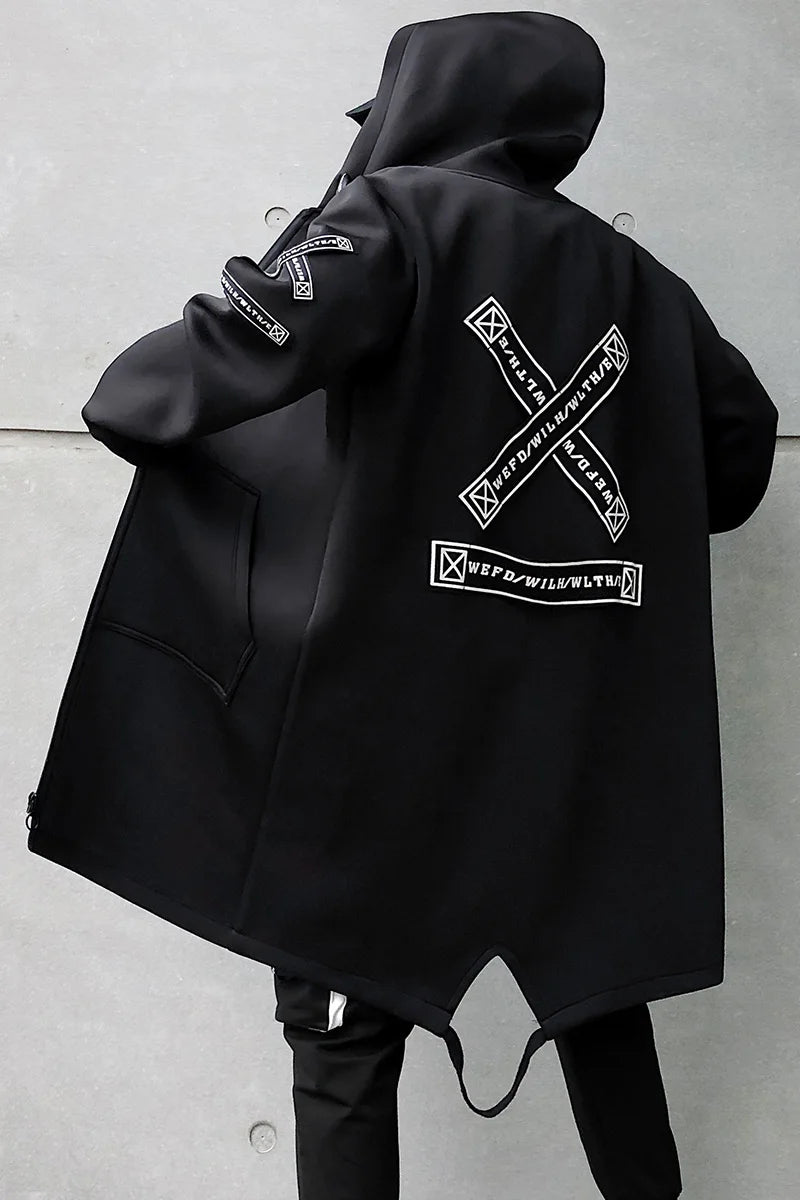 Men 5XL Hooded Long Jacket, Black & White, Hip Hop Streetwear