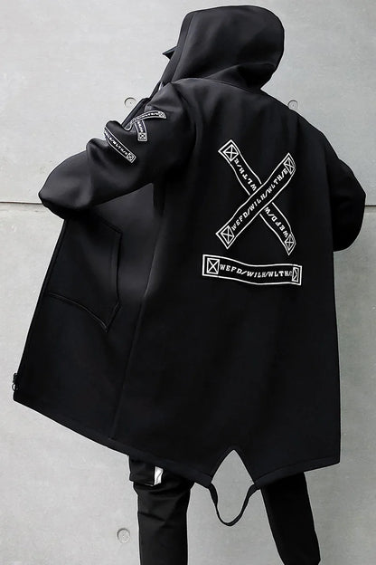 Men 5XL Hooded Long Jacket, Black & White, Hip Hop Streetwear