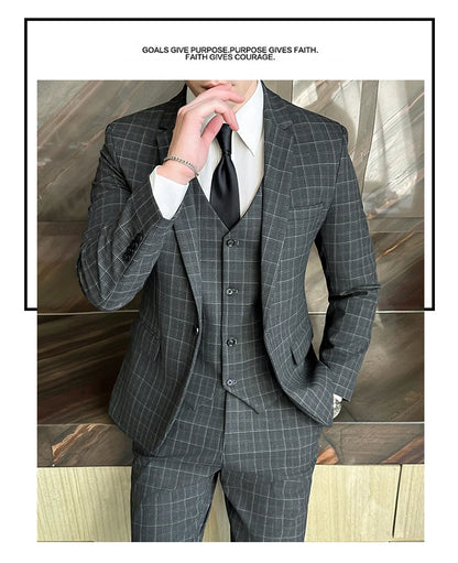 Men’s Plaid 3-Piece Suit Business Wedding Elegant Fashion Set