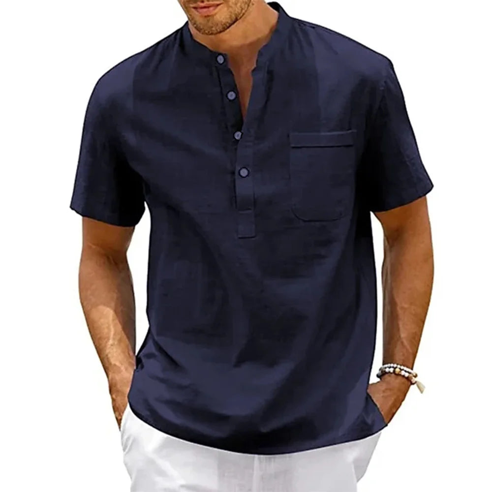 Men's Cotton Linen Henley Pocket Tee Casual Summer Shirt