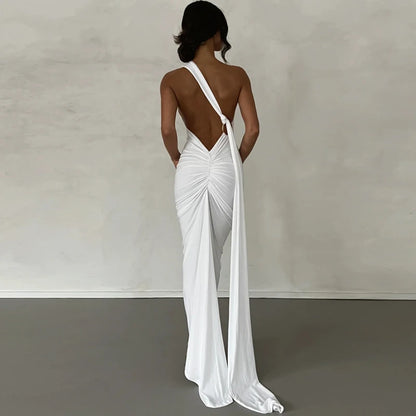 Hugcitar One Shoulder Backless Ruched Maxi Dress Women Y2K