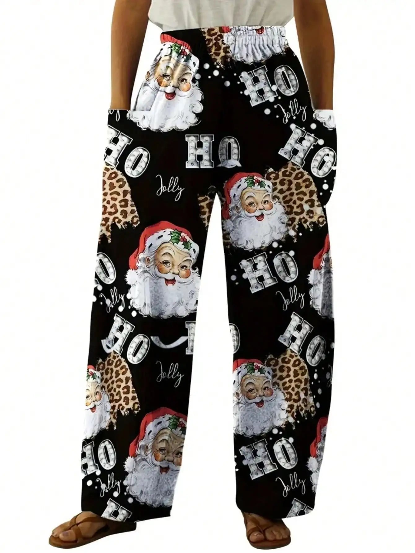 Plus Size Christmas Print Wide Leg Pants