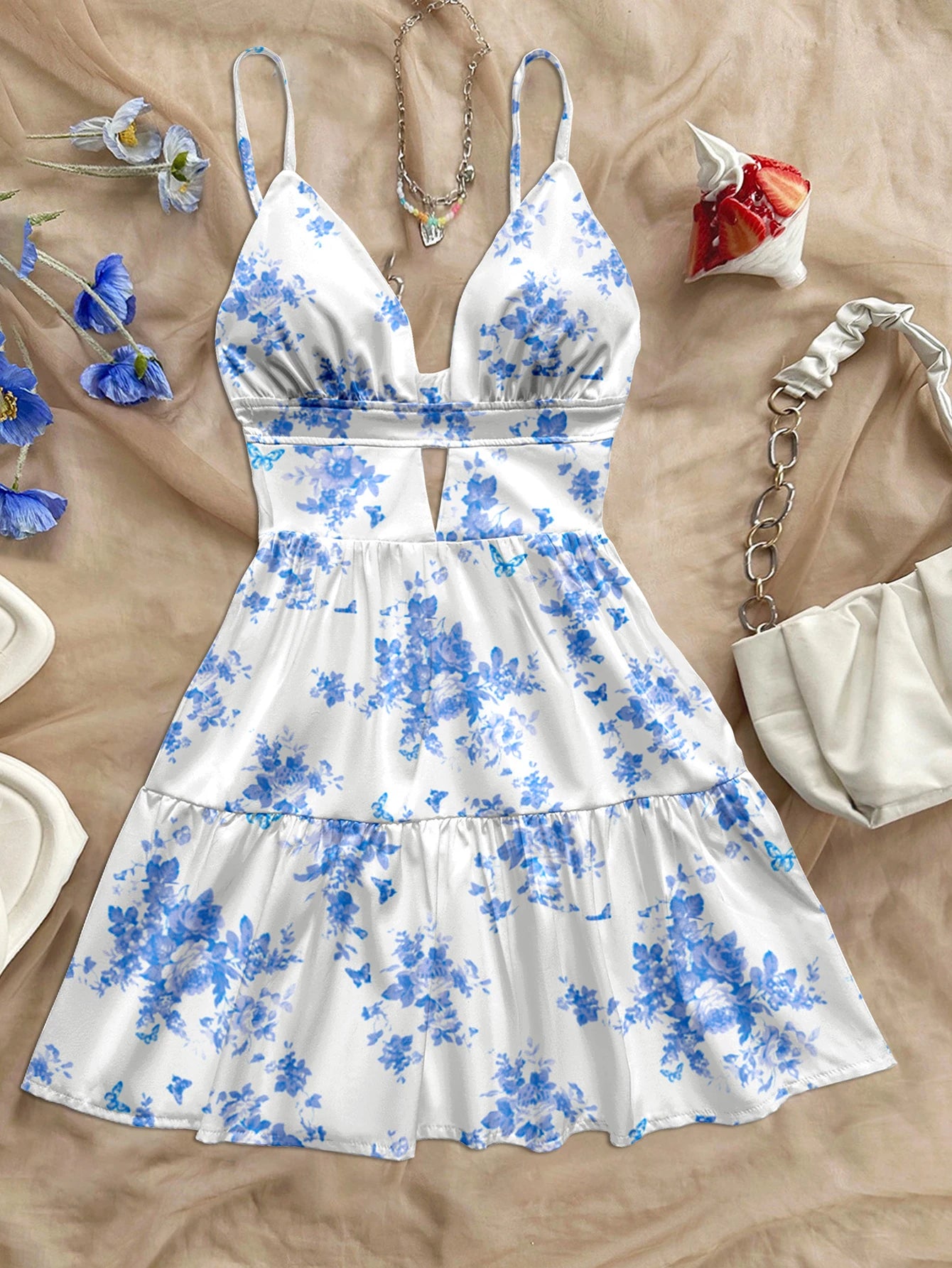 Women's Light Blue Floral Summer Dress – Slim Fit Beach Vacation Outfit