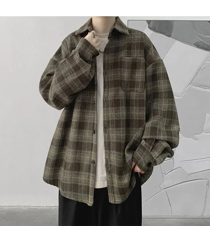 Vintage Korean Flannel Shirt Y2K Plaid Streetwear Winter