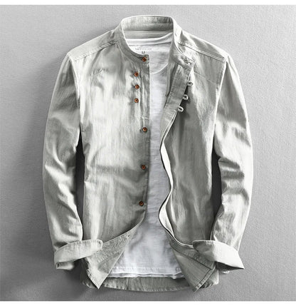 Japan style linen shirt men slim fit breathable