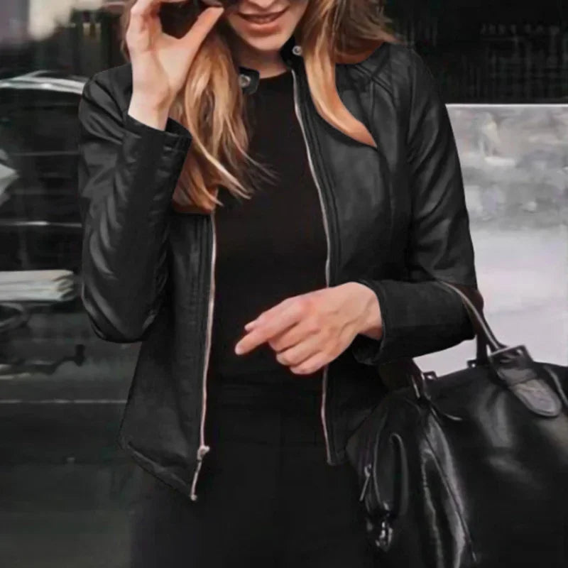 Women's Slim PU Leather Biker Jacket Classic Moto Coat