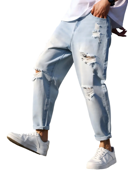 Men's Ripped Blue Loose Cropped Jeans – Autumn Harem Pants