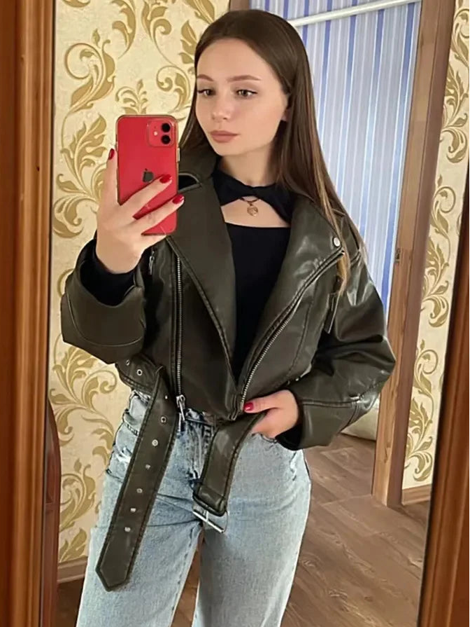 BBWM Women PU Leather Biker Jacket with Belt