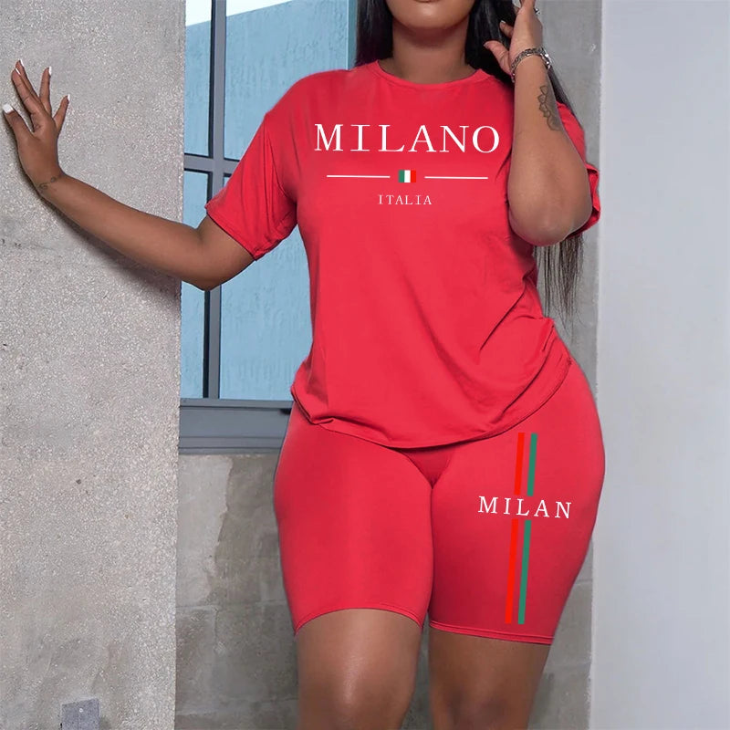 Milan Letter Women's Summer T-Shirt & Shorts Set