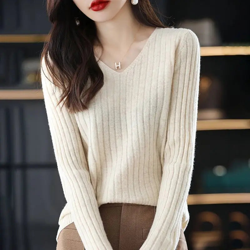 Women V-Neck Knitted Sweater Long Sleeve Top