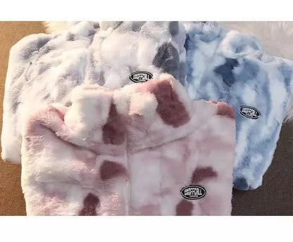 Women Tie Dye Fleece Jacket Warm Casual Winter Coat